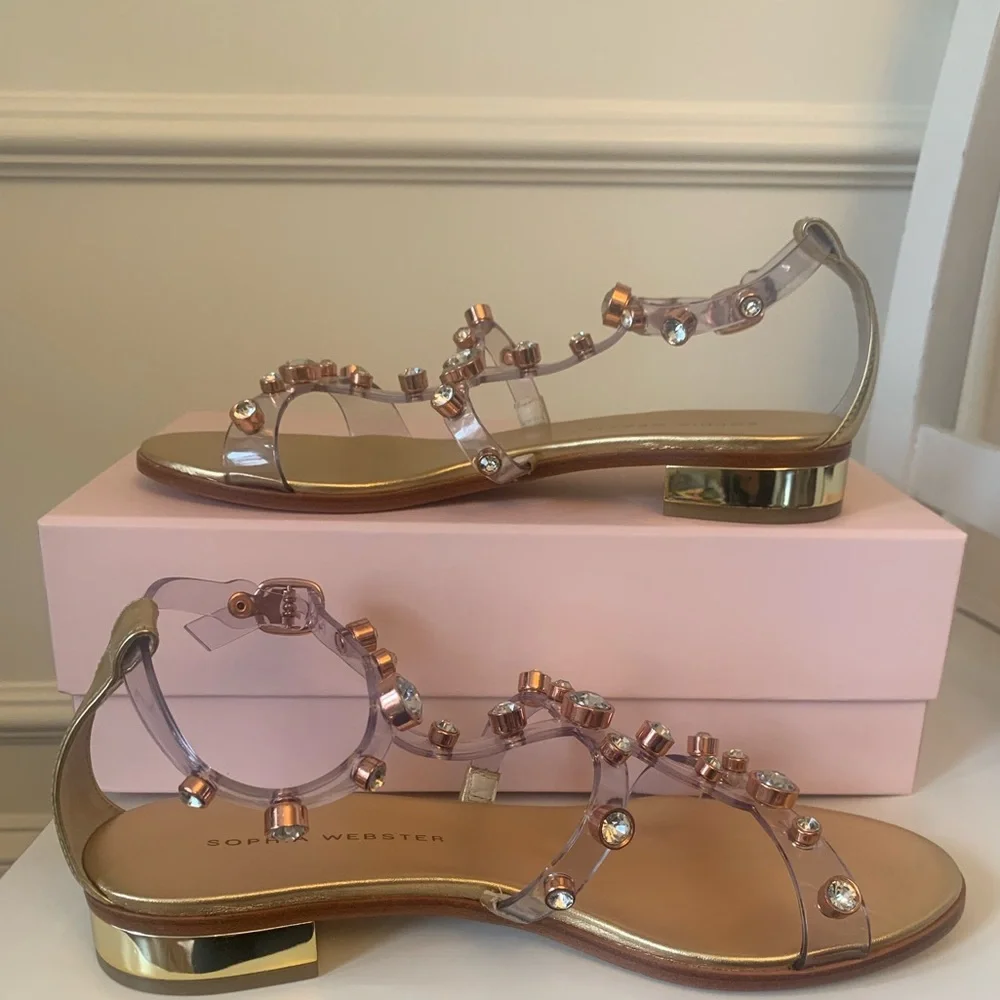 Sophia Webster Dina Flat Sandal Gold Silver rhinestone jelly Sz 39 NEW w/ box - Picture 11 of 16